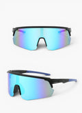 My Store Revo running sunglasses with blue mirror shield lens, black TR90 frame, and rubberized temple tips.