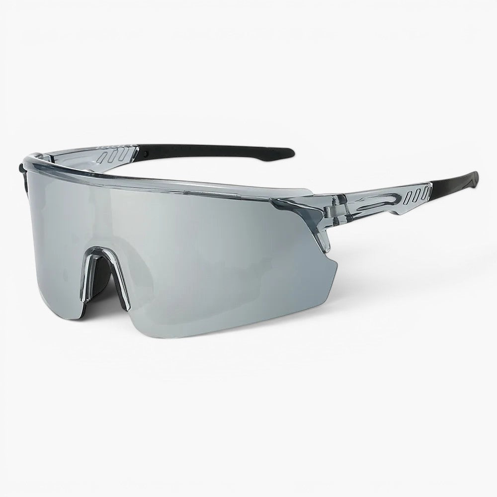 My Store Revo running sunglasses with a gray TR90 frame, silver mirror shield lens, and UV400 protection.