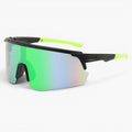 My Store Revo running sunglasses with black frame, green revo mirror shield lens, and neon green temple tips. UV400 protection.