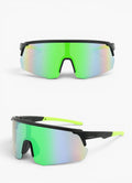 My Store Revo running sunglasses with green mirror shield lens, black TR90 frame, and neon yellow temple tips.