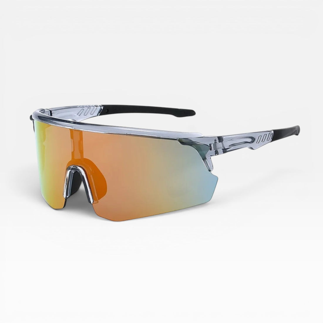 My Store running sunglasses with clear TR90 frame, revo mirror shield lens, and UV400 protection.