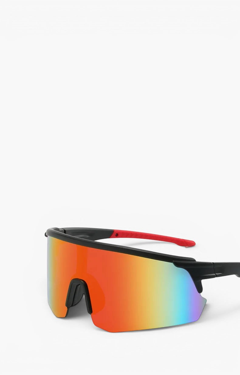 My Store Revo running sunglasses with black frame, red temple tips, and a mirrored shield lens offering UV400 protection.