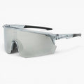 My Store Revo running sunglasses with a silver mirror shield lens and clear TR90 frame. UV400 protection.
