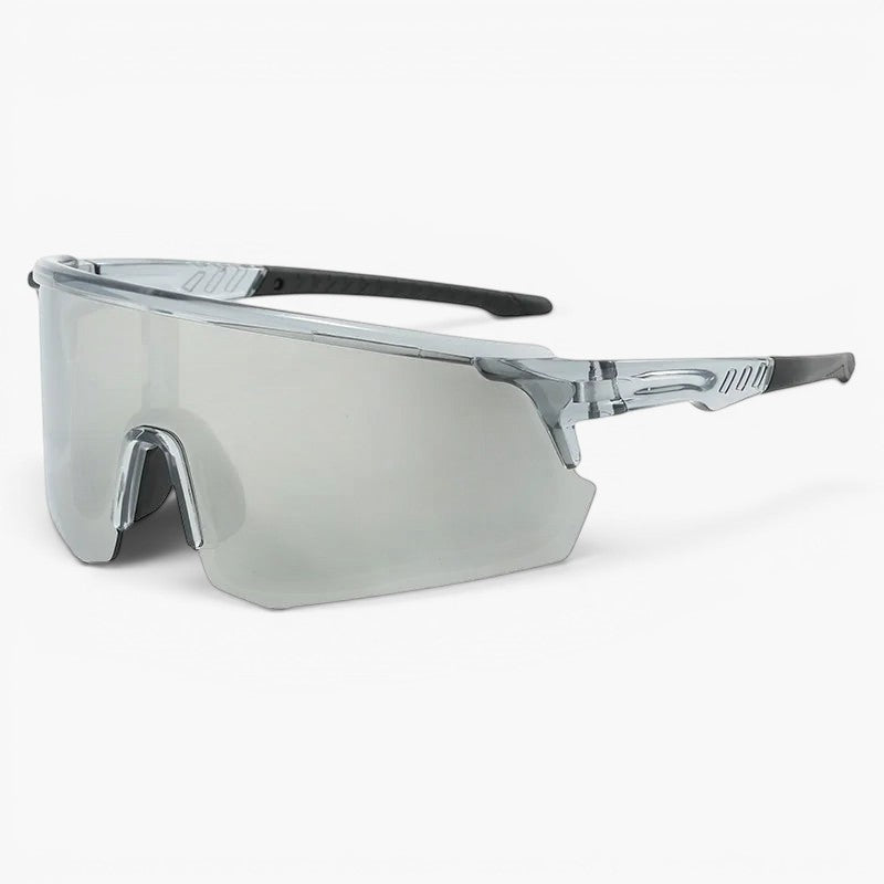 My Store Revo running sunglasses with a silver mirror shield lens and clear TR90 frame. UV400 protection.