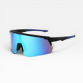 My Store black TR90 running sunglasses with blue revo mirror shield lens and UV400 protection.