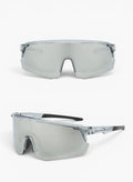 My Store running sunglasses with a clear TR90 frame, revo mirror shield lens, and UV400 protection.