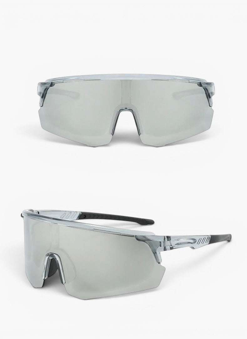 My Store running sunglasses with a clear TR90 frame, revo mirror shield lens, and UV400 protection.