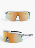 My Store running sunglasses with a clear TR90 frame, orange revo mirror shield lens, and UV400 protection.