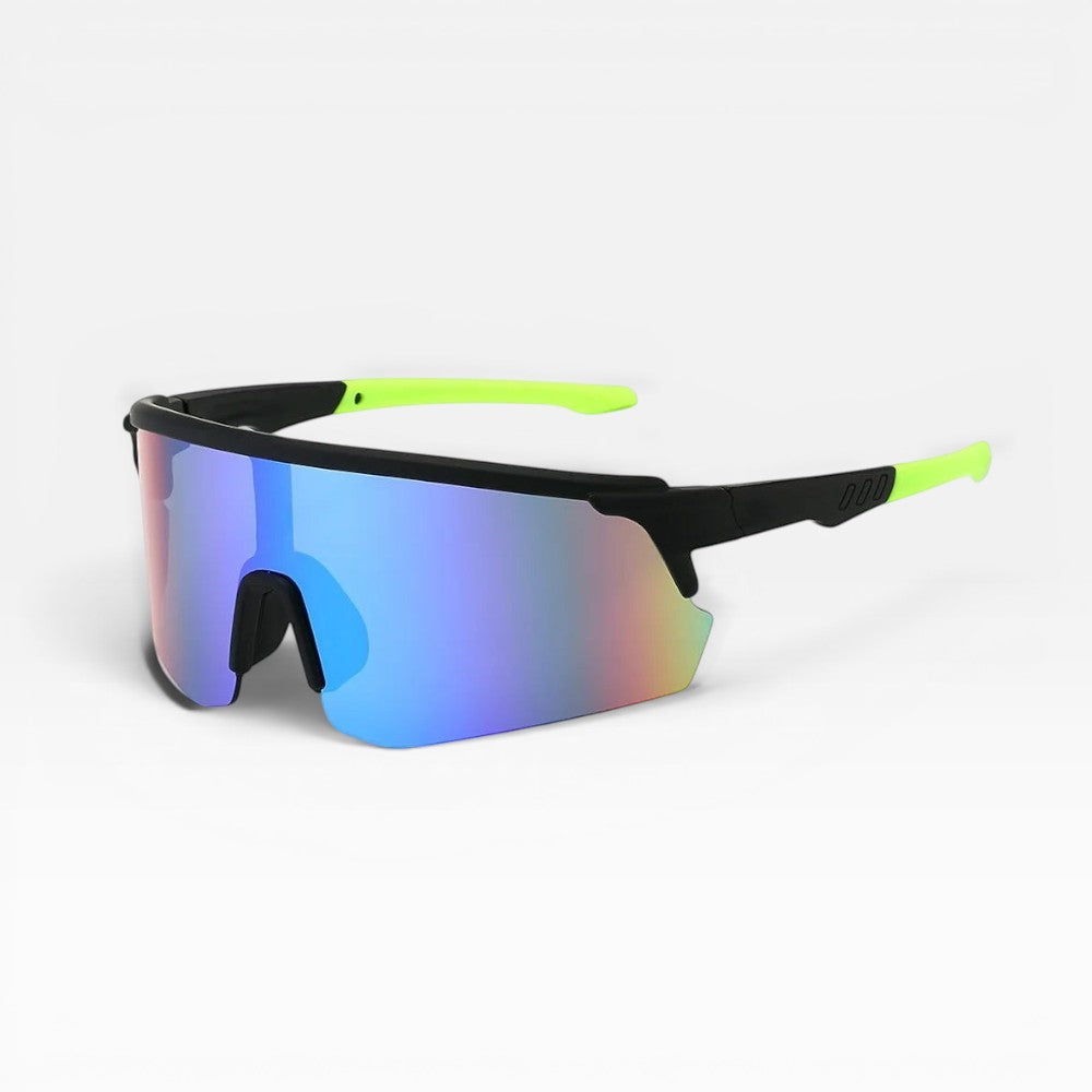 My Store black TR90 running sunglasses with blue-purple revo mirror shield lens and neon green temple tips.