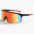 My Store black and red TR90 running sunglasses with a mirrored revo shield lens and UV400 protection.