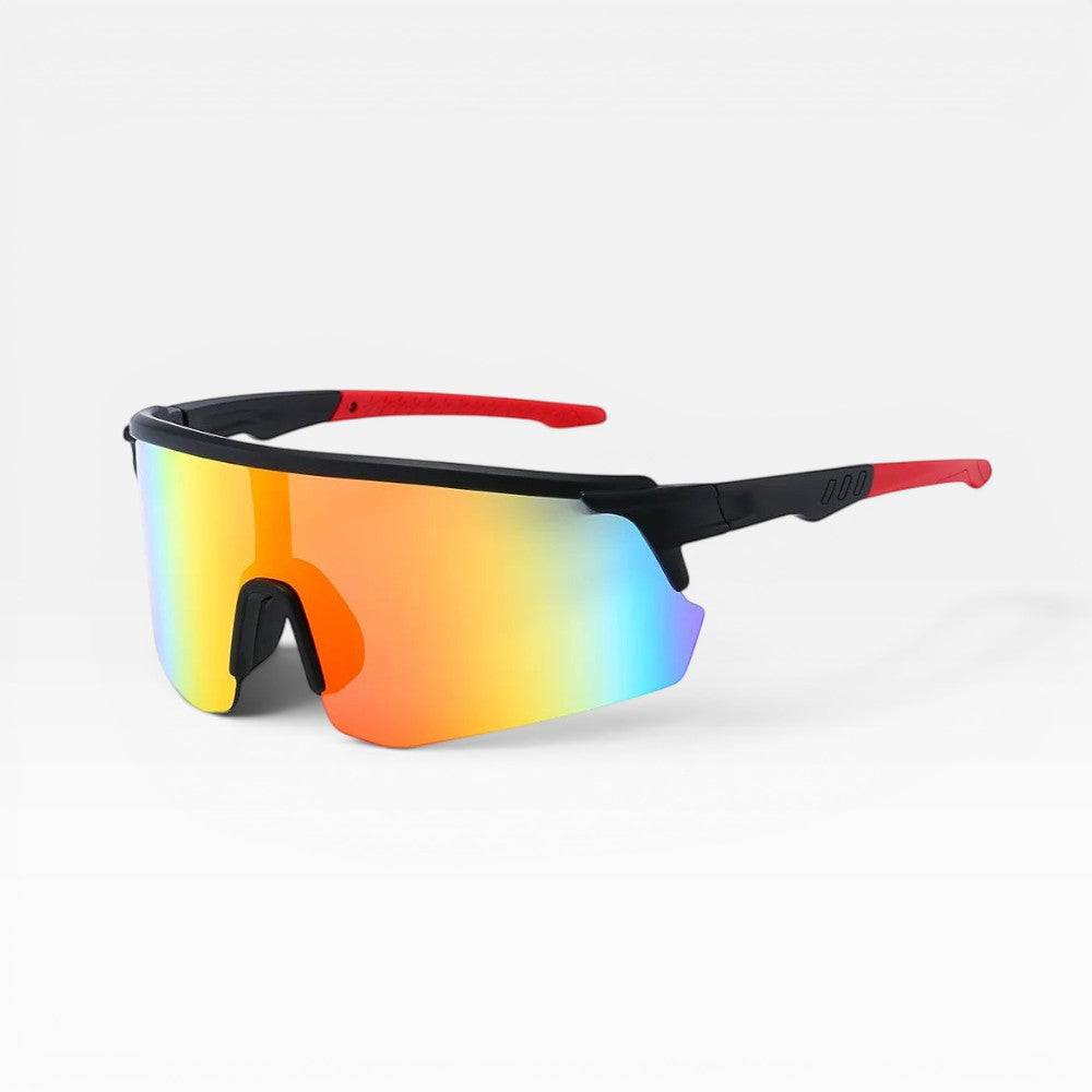 My Store black and red TR90 running sunglasses with a mirrored rainbow shield lens and UV400 protection.