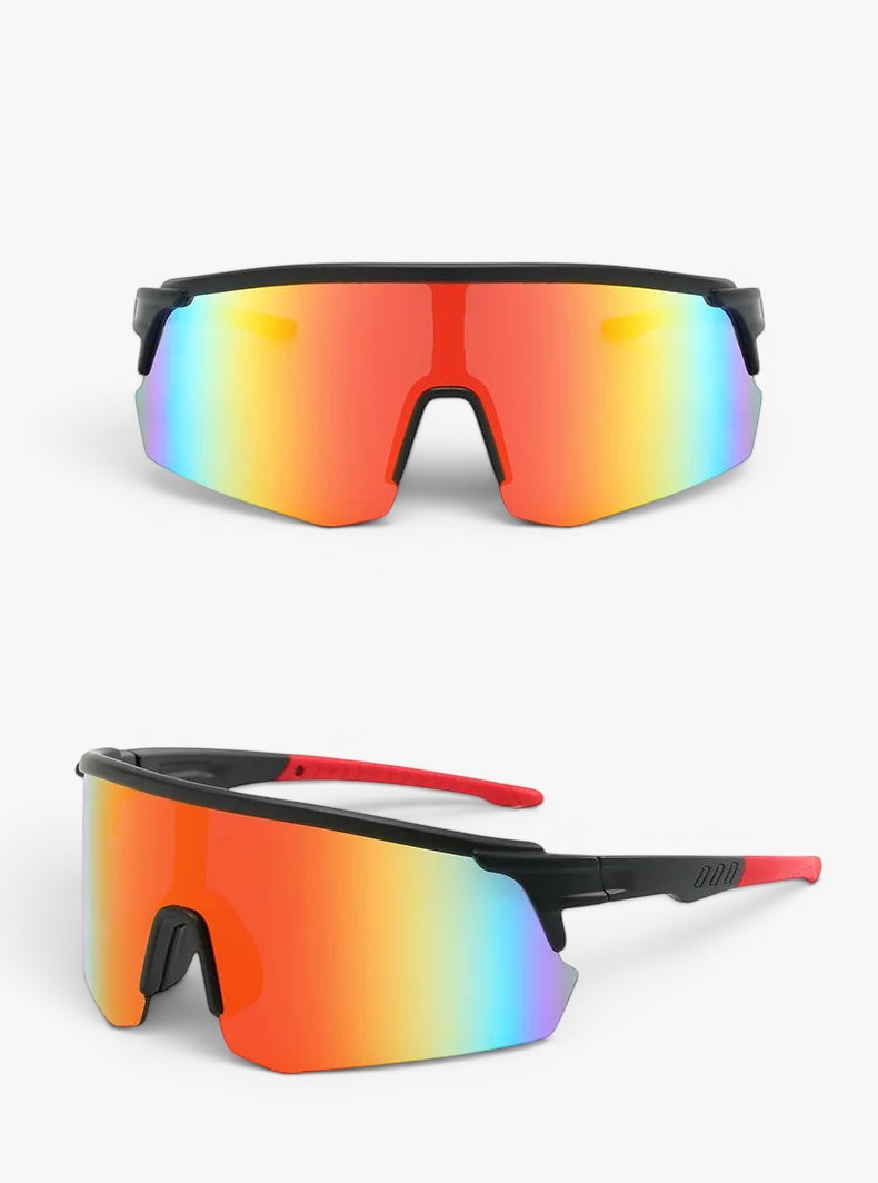 My Store black TR90 running sunglasses with a red revo mirror shield lens and UV400 protection.