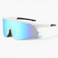 My Store white frame running sunglasses with blue revo mirror shield lens and UV400 protection.