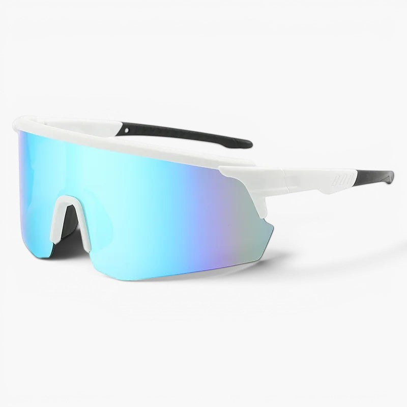 My Store white frame running sunglasses with blue revo mirror shield lens and UV400 protection.