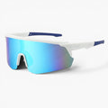 My Store white and blue TR90 running sunglasses with a large revo mirror shield lens for UV400 protection.