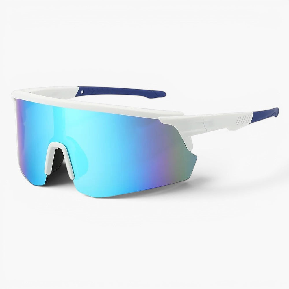 My Store white and blue TR90 running sunglasses with a large revo mirror shield lens for UV400 protection.