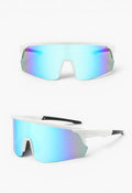 My Store white running sunglasses with blue revo mirror shield lens and UV400 protection.
