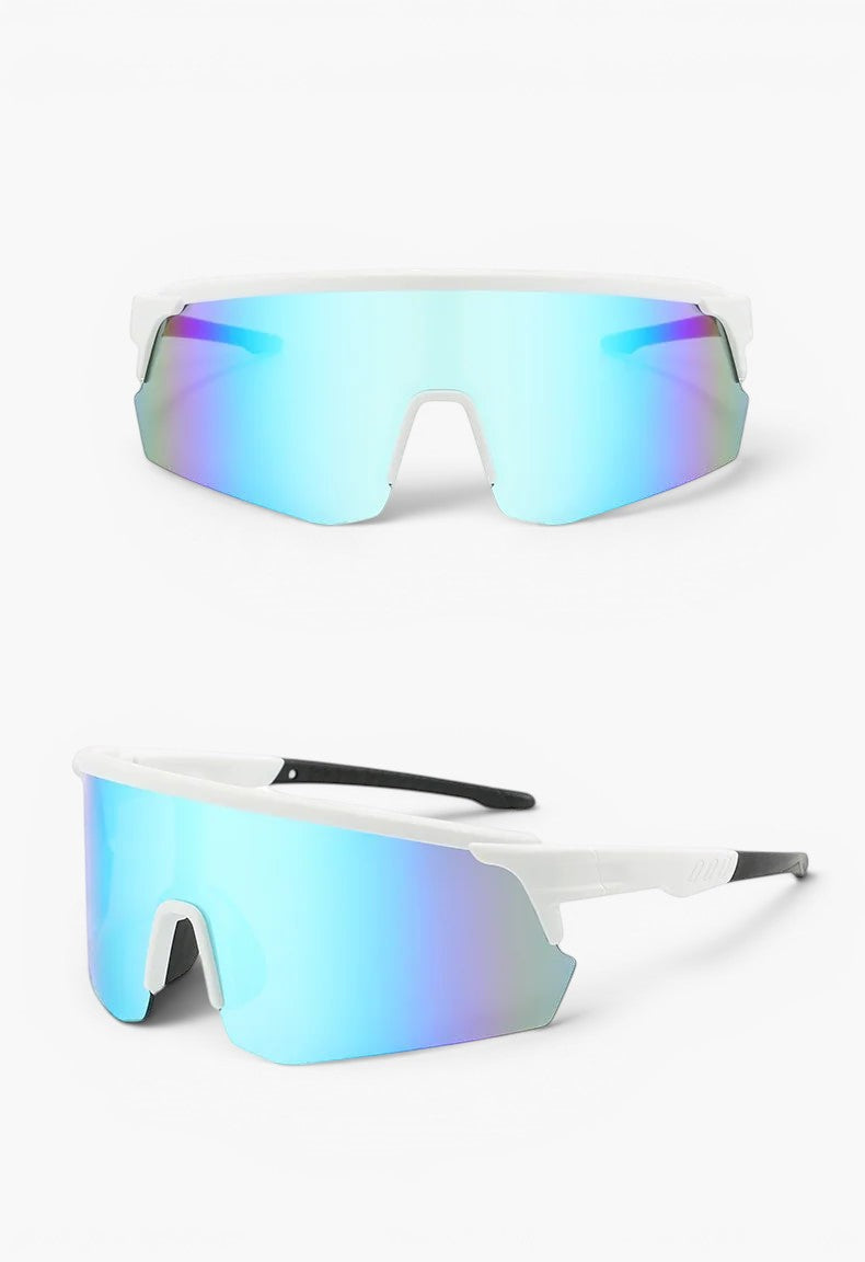My Store white running sunglasses with blue revo mirror shield lens and UV400 protection.